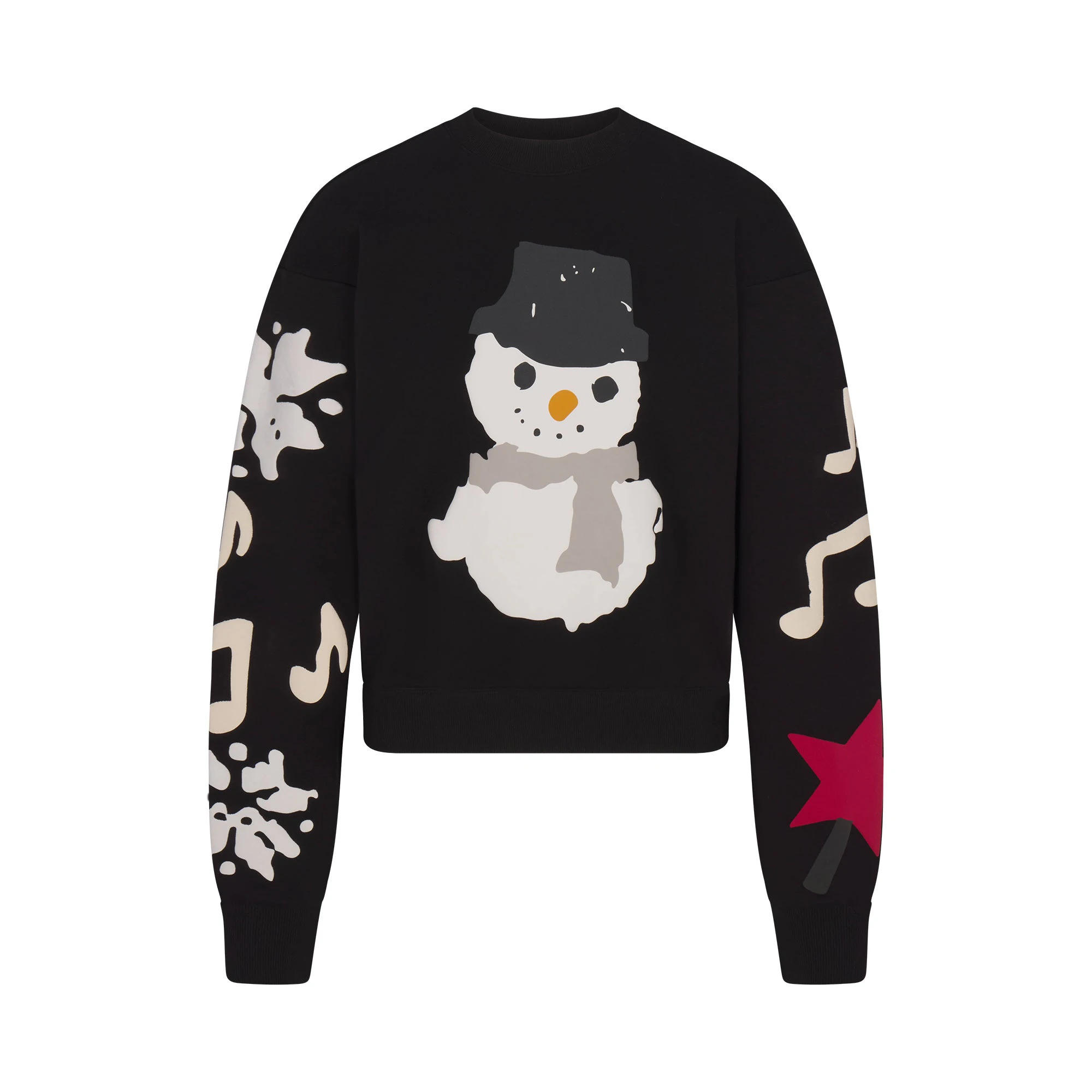 CACTUS PLANT FLEA MARKET X SKIMS COTTON FLEECE CREWNECK | ONYX SNOWMAN PRINT FLAT ON A WHITE BACKGROUND