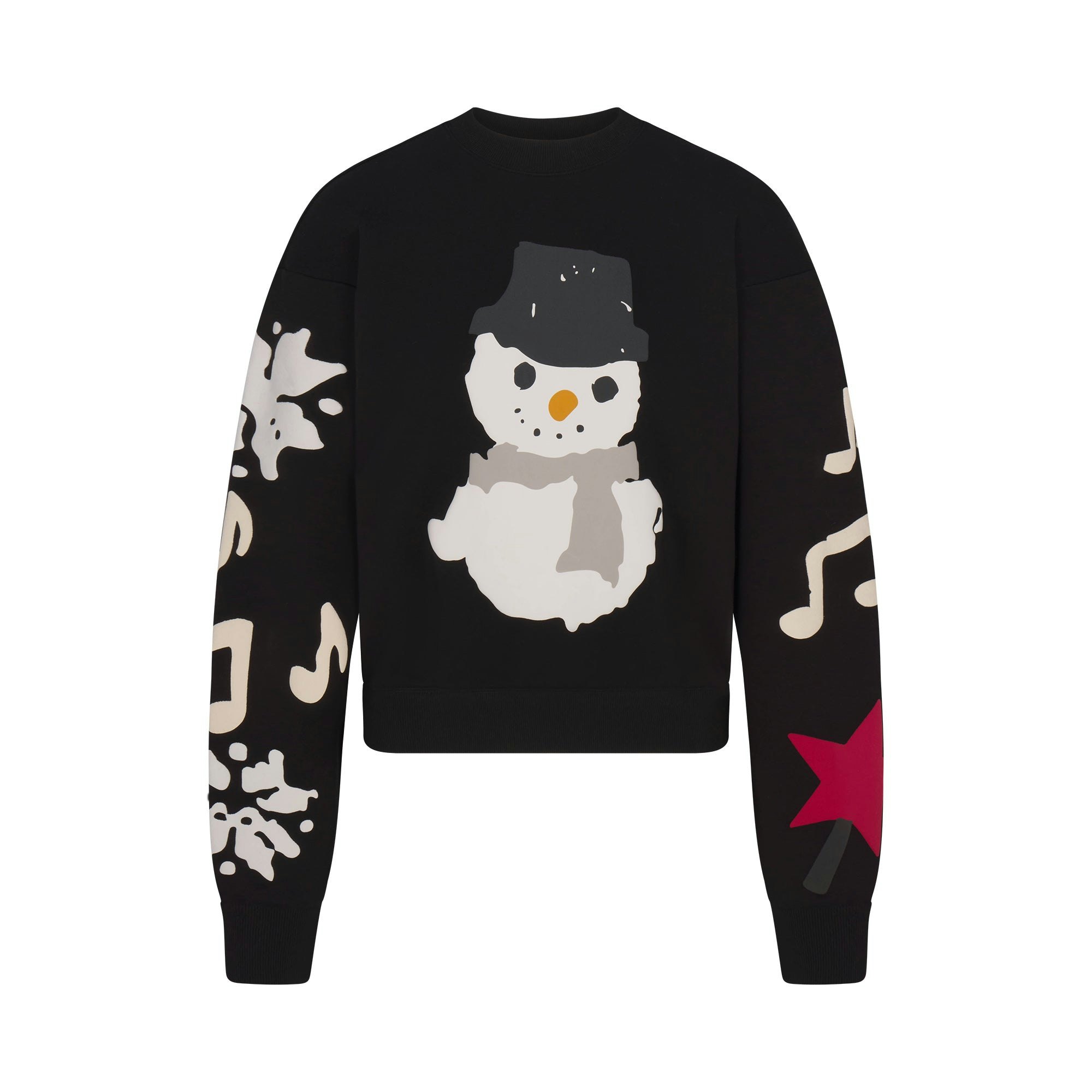 CACTUS PLANT FLEA MARKET X SKIMS COTTON FLEECE CREWNECK | ONYX SNOWMAN PRINT FLAT ON A WHITE BACKGROUND