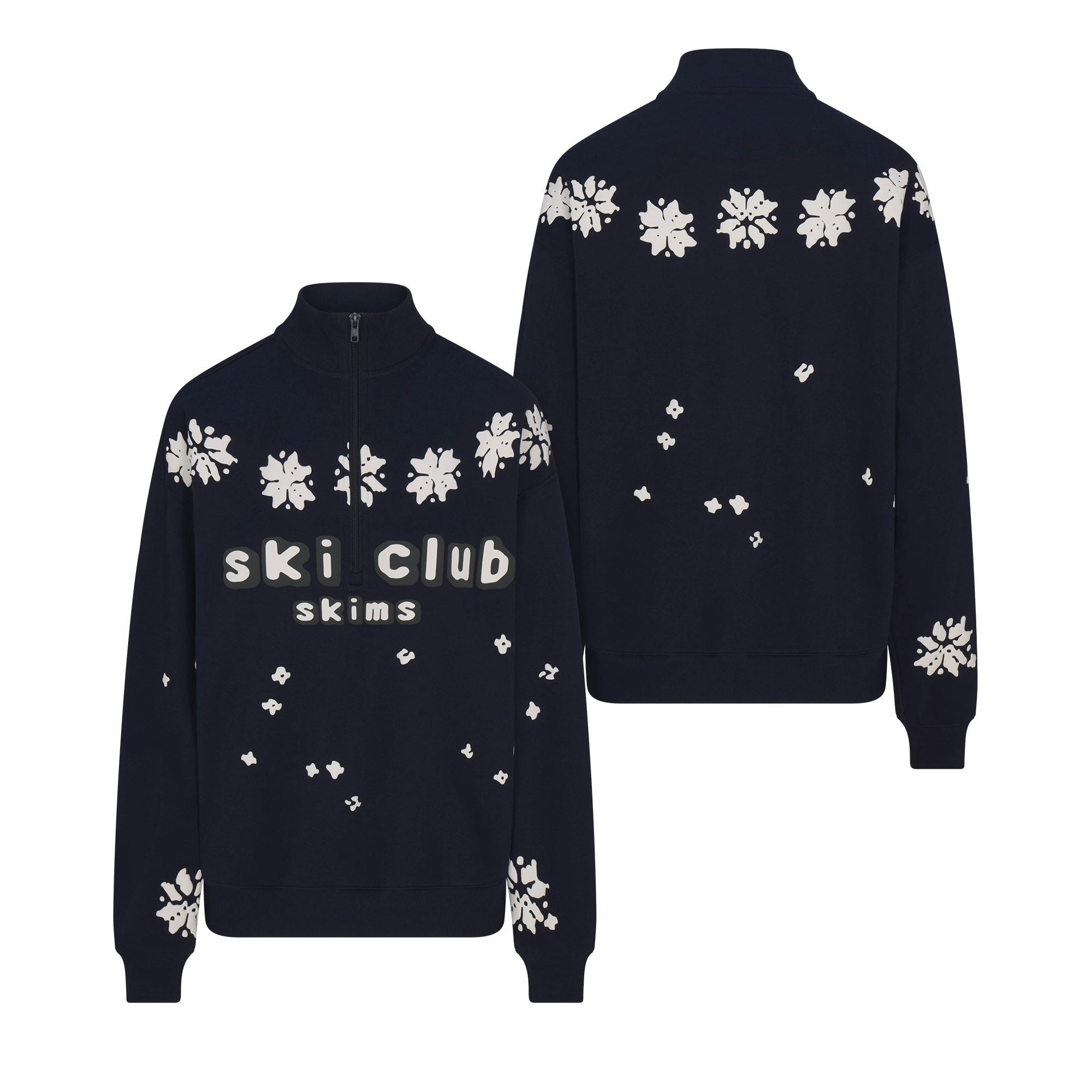 CACTUS PLANT FLEA MARKET X SKIMS COTTON FLEECE OVERSIZED QUARTER ZIP | NAVY SKI CLUB PRINT FLAT ON A WHITE BACKGROUND | FLT