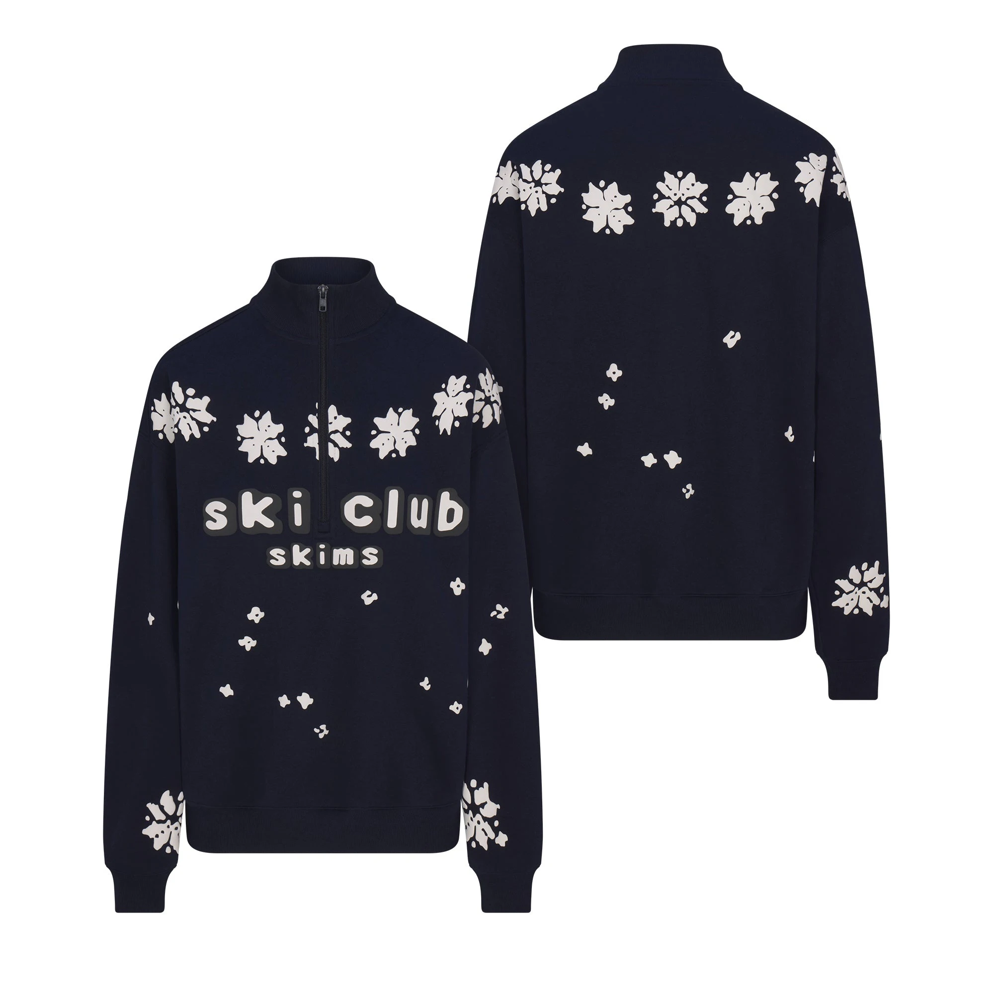 CACTUS PLANT FLEA MARKET X SKIMS COTTON FLEECE OVERSIZED QUARTER ZIP | NAVY SKI CLUB PRINT FLAT ON A WHITE BACKGROUND | FLT