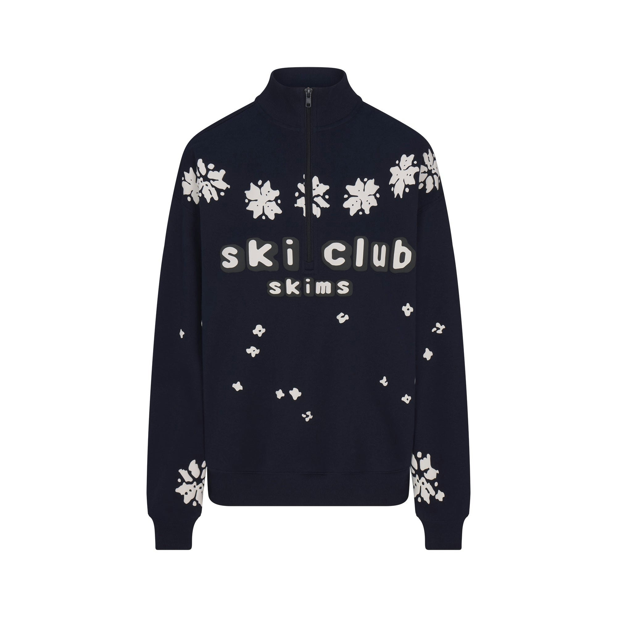 CACTUS PLANT FLEA MARKET X SKIMS COTTON FLEECE OVERSIZED QUARTER ZIP | NAVY SKI CLUB PRINT FLAT ON A WHITE BACKGROUND