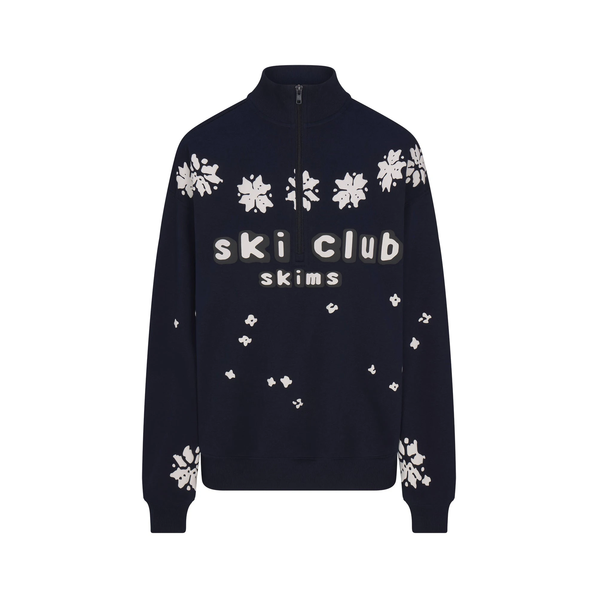 CACTUS PLANT FLEA MARKET X SKIMS COTTON FLEECE OVERSIZED QUARTER ZIP | NAVY SKI CLUB PRINT FLAT ON A WHITE BACKGROUND