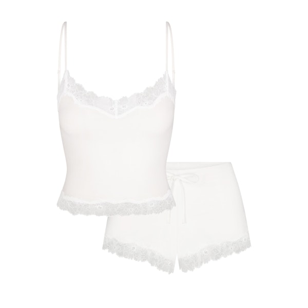 COTTON LACE CAMI AND SHORT SET | MARBLE (CAMIS, BOTTOMS) FLAT ON A WHITE BACKGROUND | FLT