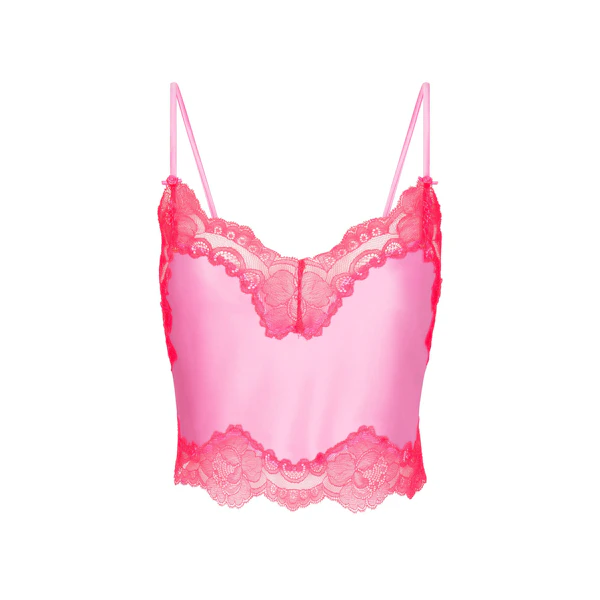 WOVEN SHINE LACE CAMI | NEON ORCHID (CAMIS, TOPS) LAYS FLAT ON A WHITE BACKGROUND | FLT