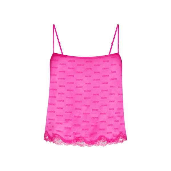 SKIMS JACQUARD LACE CAMI | HOT PINK (CAMIS, SLEEP) LAYS FLAT ON A WHITE BACKGROUND | FLT