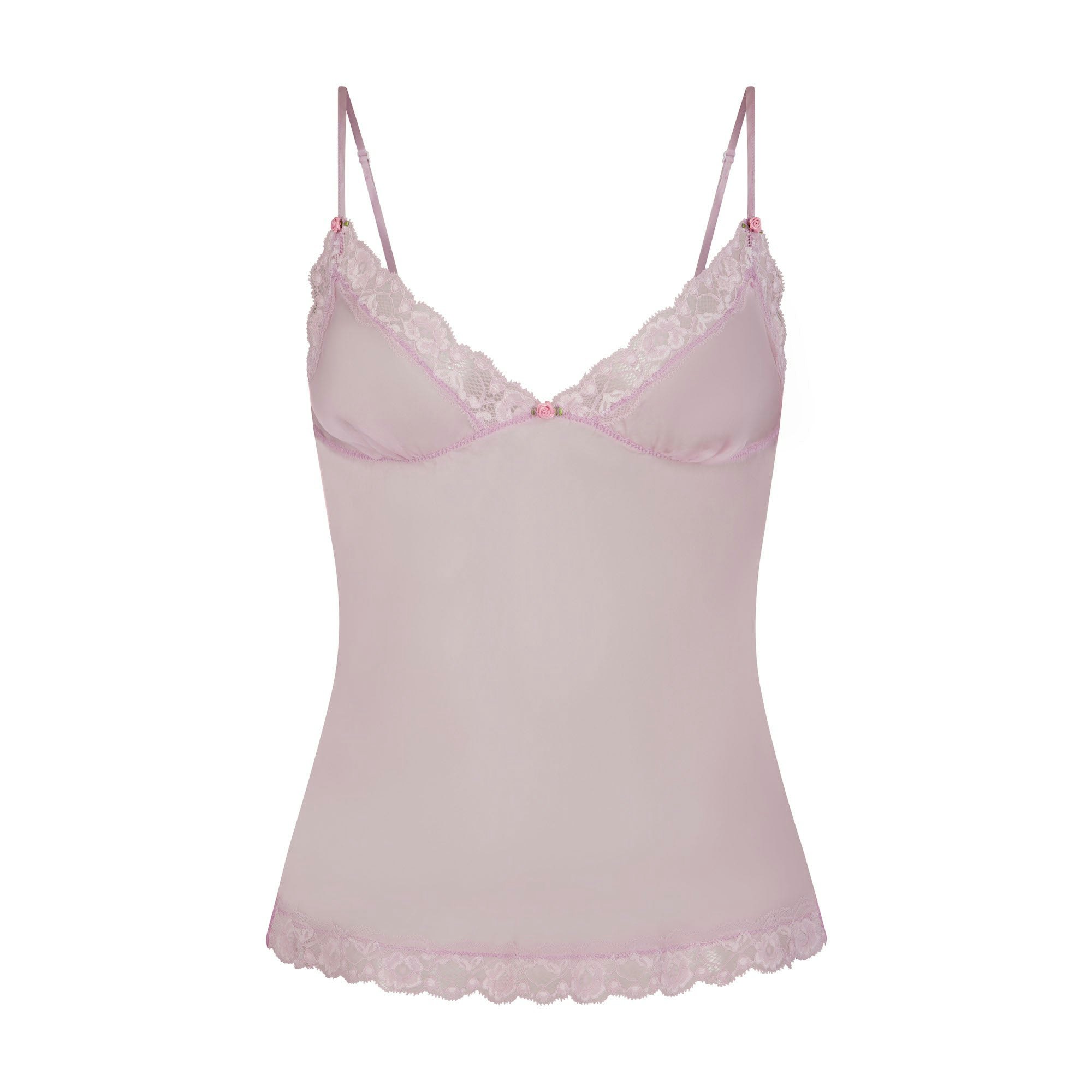 SKIMS ROMANCE LACE CAMI | IRIS MICA (CAMIS, TOPS) FLAT ON A WHITE BACKGROUND | FLT