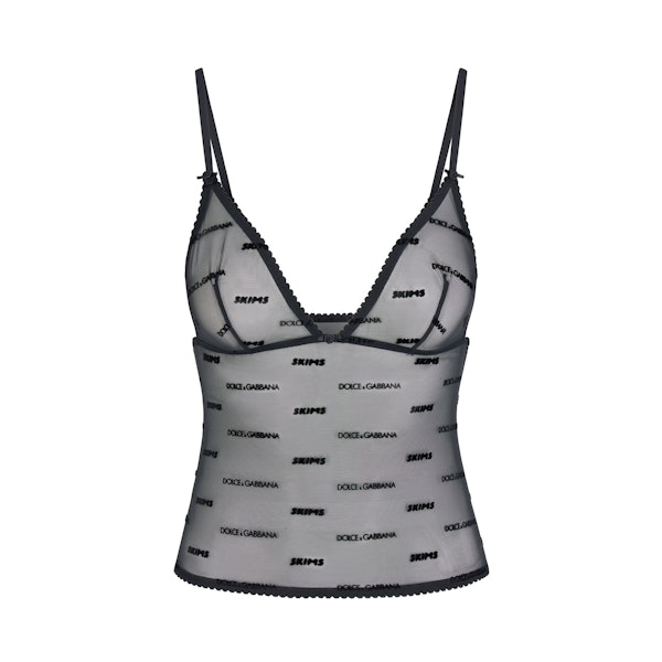 DOLCE&GABBANA X SKIMS ULTRA FINE MESH LOGO CAMI | ONYX (CAMIS) FLAT ON A WHITE BACKGROUND | FLT