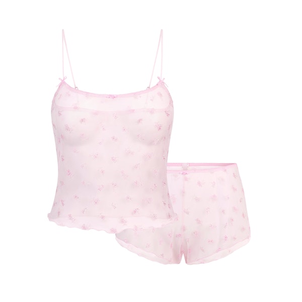 SPRING INTIMATES CAMI AND SHORT SET | CHERRY BLOSSOM MULTI TULLE FLAT ON A WHITE BACKGROUND | FLT