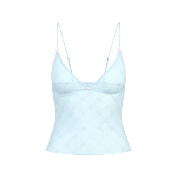 SPRING INTIMATES TRIANGLE CAMI | POWDER BLUE BOW TULLE FLAT ON A WHITE BACKGROUND | FLT