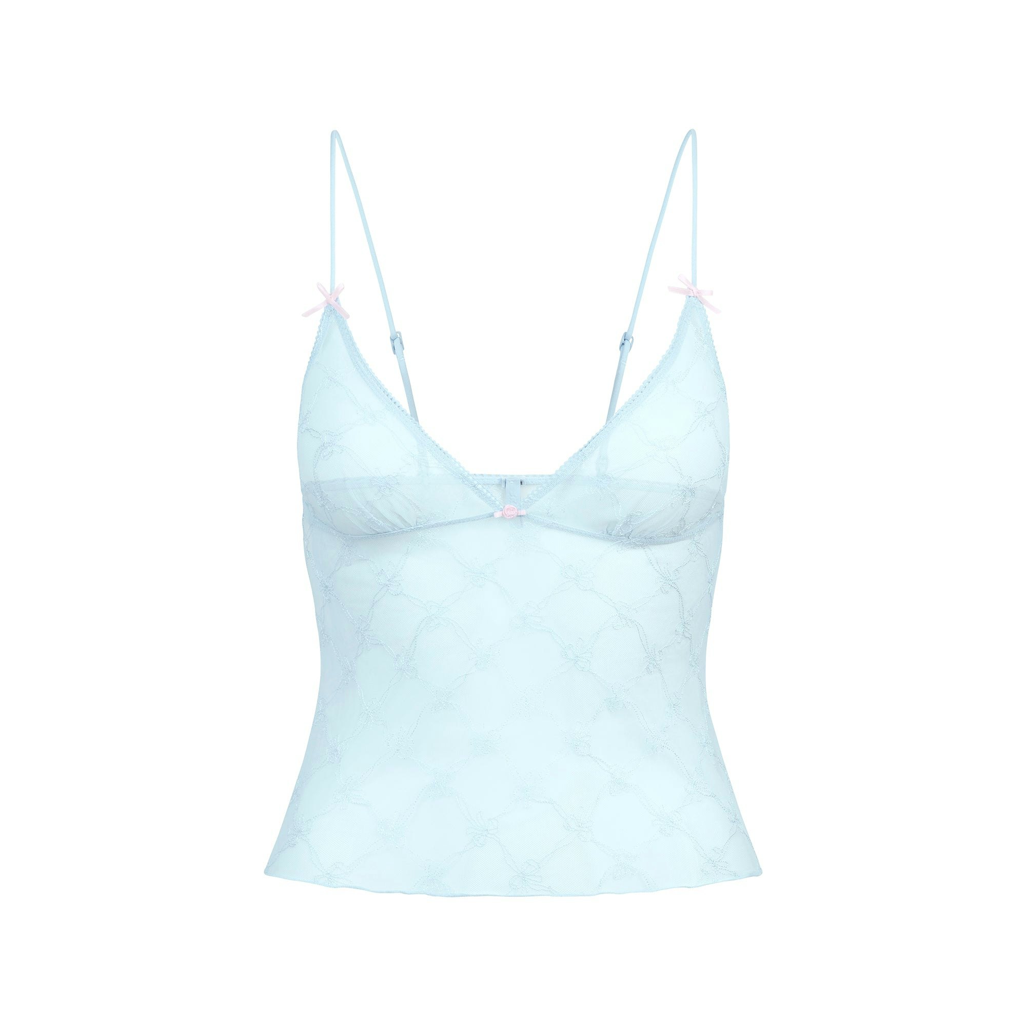 SPRING INTIMATES TRIANGLE CAMI | POWDER BLUE BOW TULLE FLAT ON A WHITE BACKGROUND | FLT