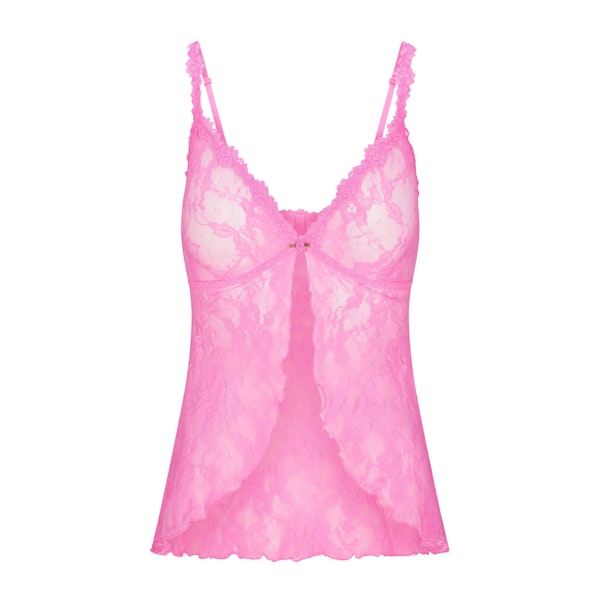 STRETCH LACE BABYDOLL TOP | SUGAR PINK FLAT ON A WHITE BACKGROUND | FLT