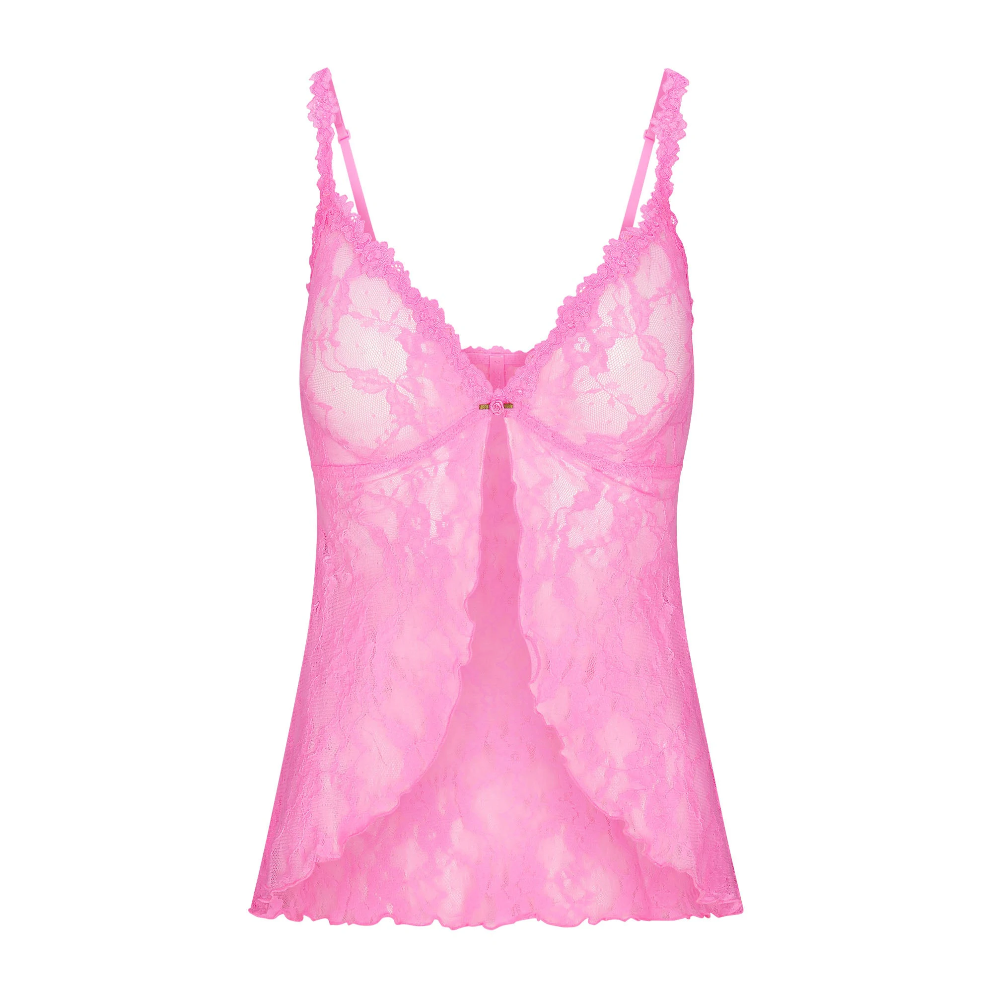 STRETCH LACE BABYDOLL TOP | SUGAR PINK FLAT ON A WHITE BACKGROUND | FLT