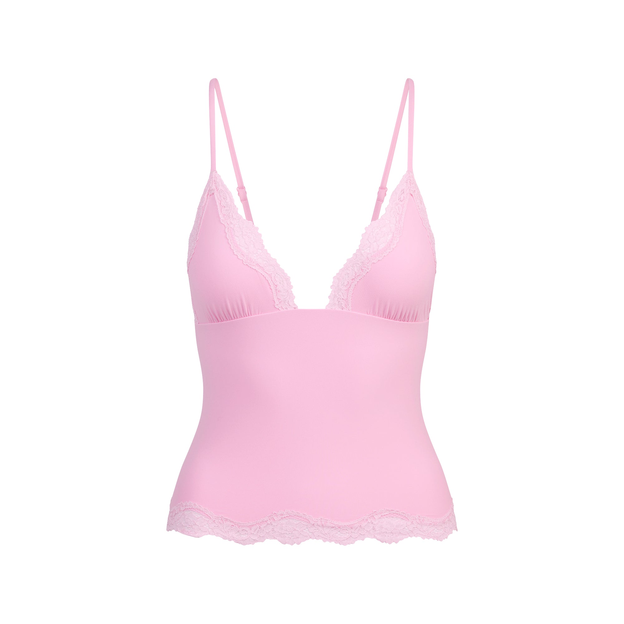 FITS EVERYBODY LACE TRIANGLE CAMI | BUBBLE GUM TONAL FLAT ON A WHITE BACKGROUND | FLT