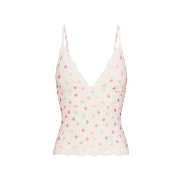 FITS EVERYBODY LACE TRIANGLE CAMI | MARBLE CANDY HEART PRINT FLAT ON A WHITE BACKGROUND | FLT