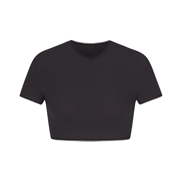 FITS EVERYBODY PICOT TRIM SUPER CROPPED T-SHIRT | ONYX (CAMIS, TOPS) LAYS FLAT ON A WHITE BACKGROUND | FLT