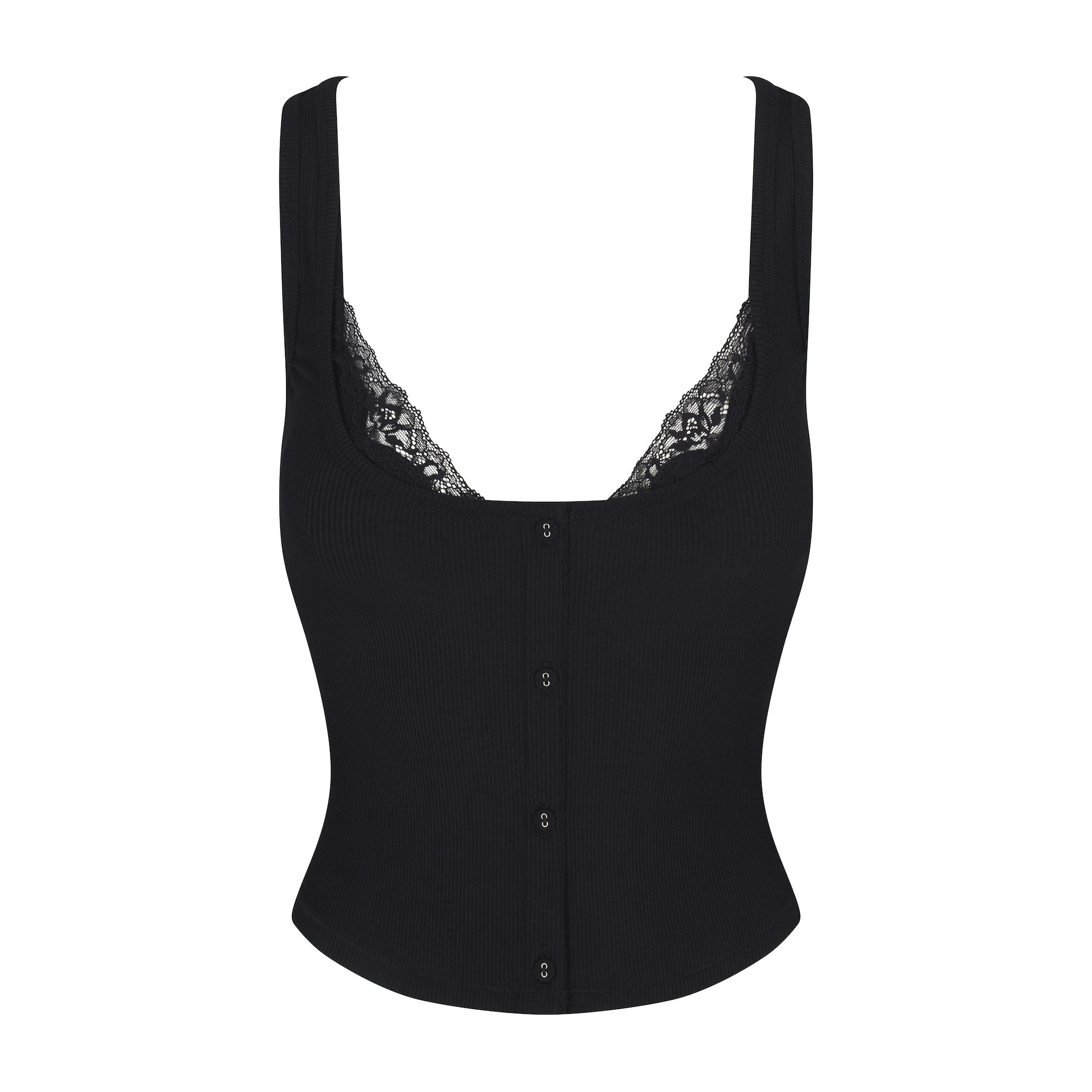 SOFT LOUNGE LACE TANK WITH BRALETTE | ONYX (TANKS, TOPS) LAYS FLAT ON A WHITE BACKGROUND | FLT