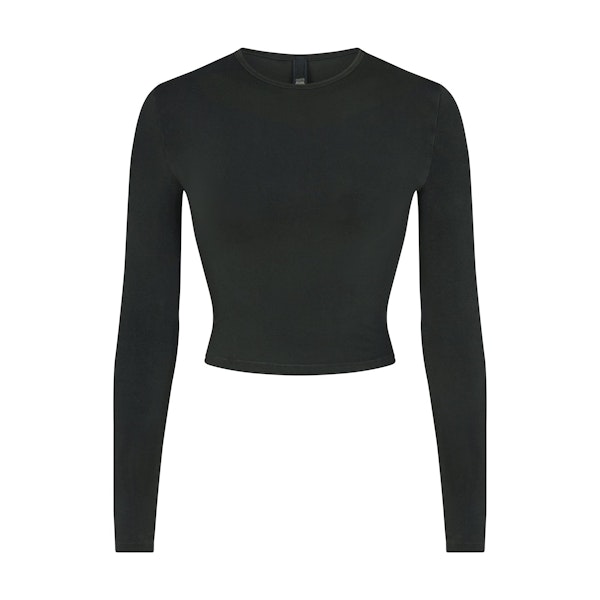 NEW VINTAGE CROPPED LONG SLEEVE T-SHIRT | WASHED ONYX (LONG SLEEVE T-SHIRTS, TOPS) LAYS FLAT ON A WHITE BACKGROUND | FLT