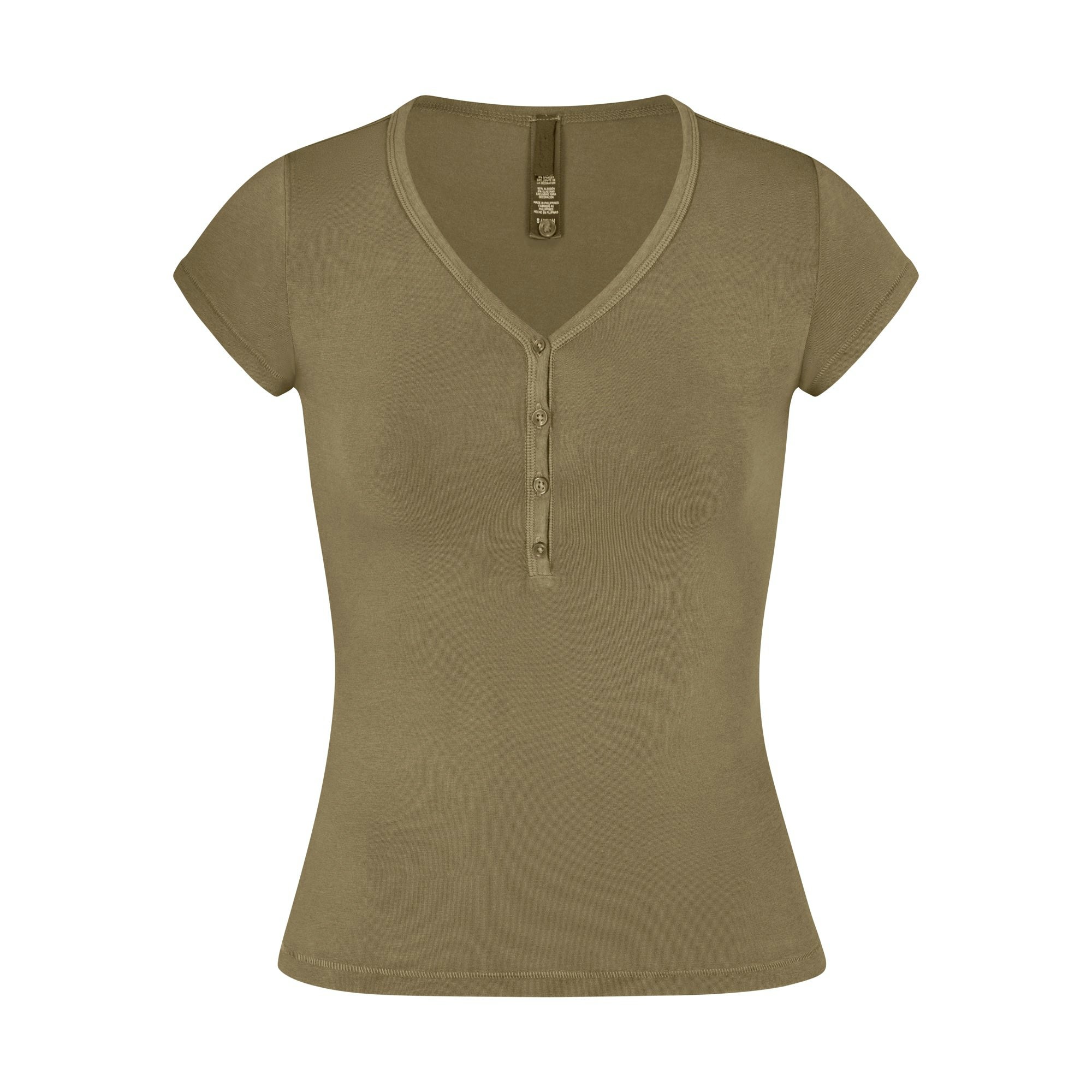 NEW VINTAGE HENLEY T-SHIRT LAYS FLAT ON A WHITE BACKGROUND
