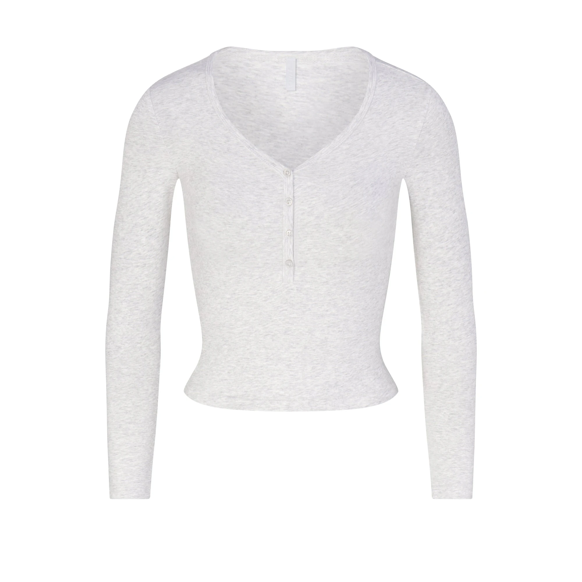 NEW VINTAGE LONG SLEEVE CROPPED HENLEY | LIGHT HEATHER GREY (CROP TOPS) LAYS FLAT ON A WHITE BACKGROUND | FLT