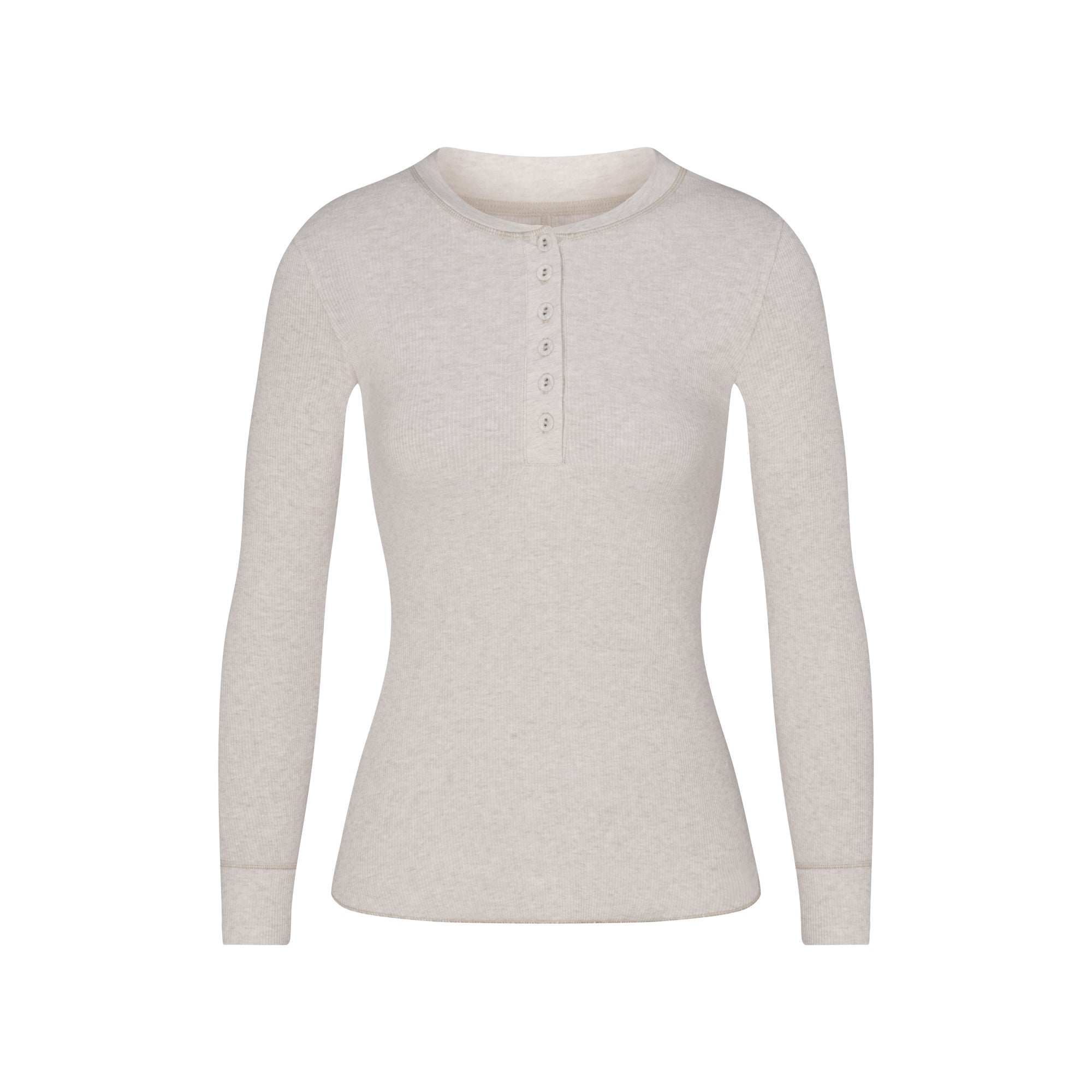 COTTON RIB HENLEY LONG SLEEVE TOP LAYS FLAT ON A WHITE BACKGROUND