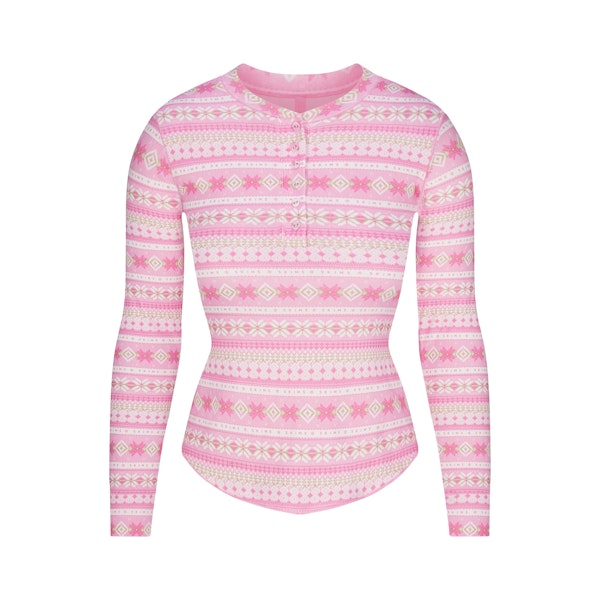 LOGO PLUSH POINTELLE LONG SLEEVE HENLEY | BUBBLE GUM SIENNA FAIR ISLE FLAT ON A WHITE BACKGROUND | FLT