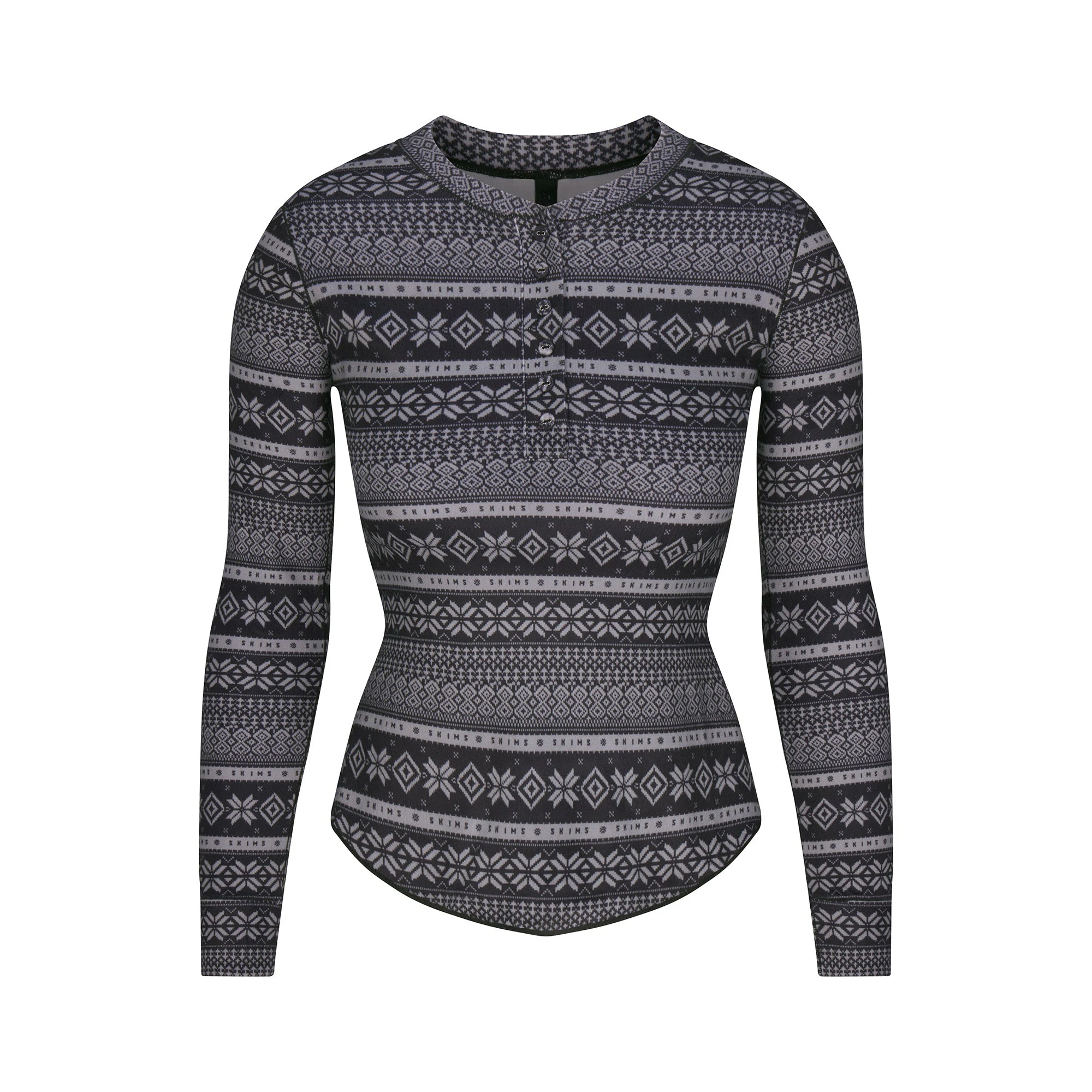 LOGO PLUSH POINTELLE LONG SLEEVE HENLEY | ONYX MIRROR FAIR ISLE FLAT ON A WHITE BACKGROUND | FLT