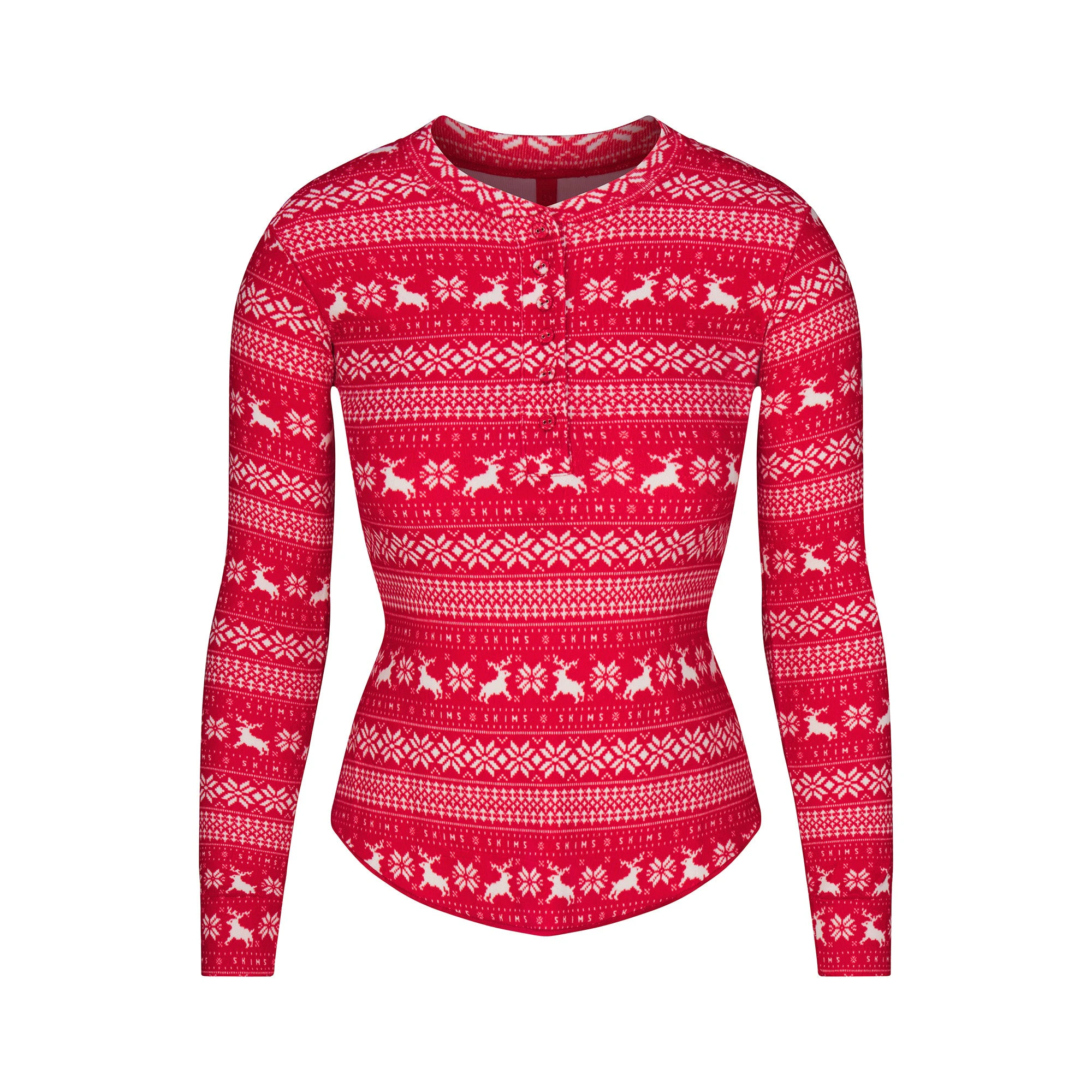 LOGO PLUSH POINTELLE LONG SLEEVE HENLEY | RED DEER FAIR ISLE FLAT ON A WHITE BACKGROUND | FLT