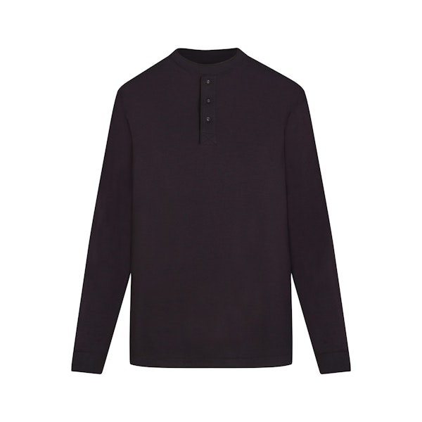 BOYFRIEND LONG SLEEVE HENLEY | ONYX (LONG SLEEVE T-SHIRTS, TOPS) LAYS FLAT ON A WHITE BACKGROUND | FLT