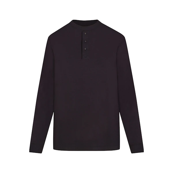 BOYFRIEND LONG SLEEVE HENLEY | ONYX (LONG SLEEVE T-SHIRTS, TOPS) LAYS FLAT ON A WHITE BACKGROUND | FLT