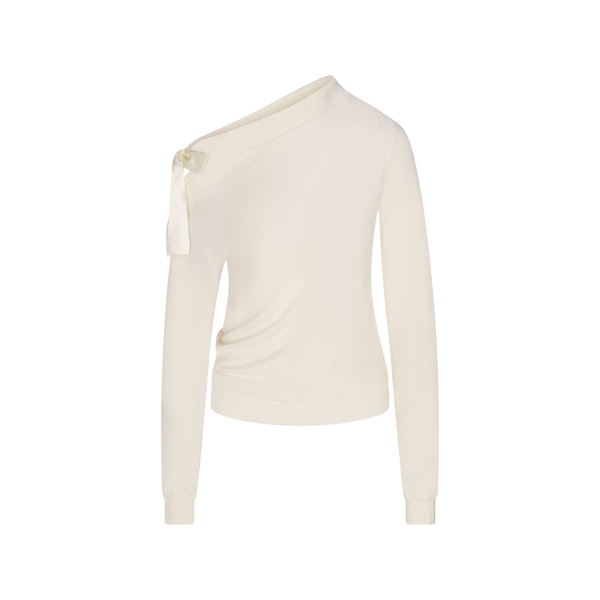 SKIMS CLOUD OFF THE SHOULDER TOP | ECRU FLAT ON A WHITE BACKGROUND | FLT