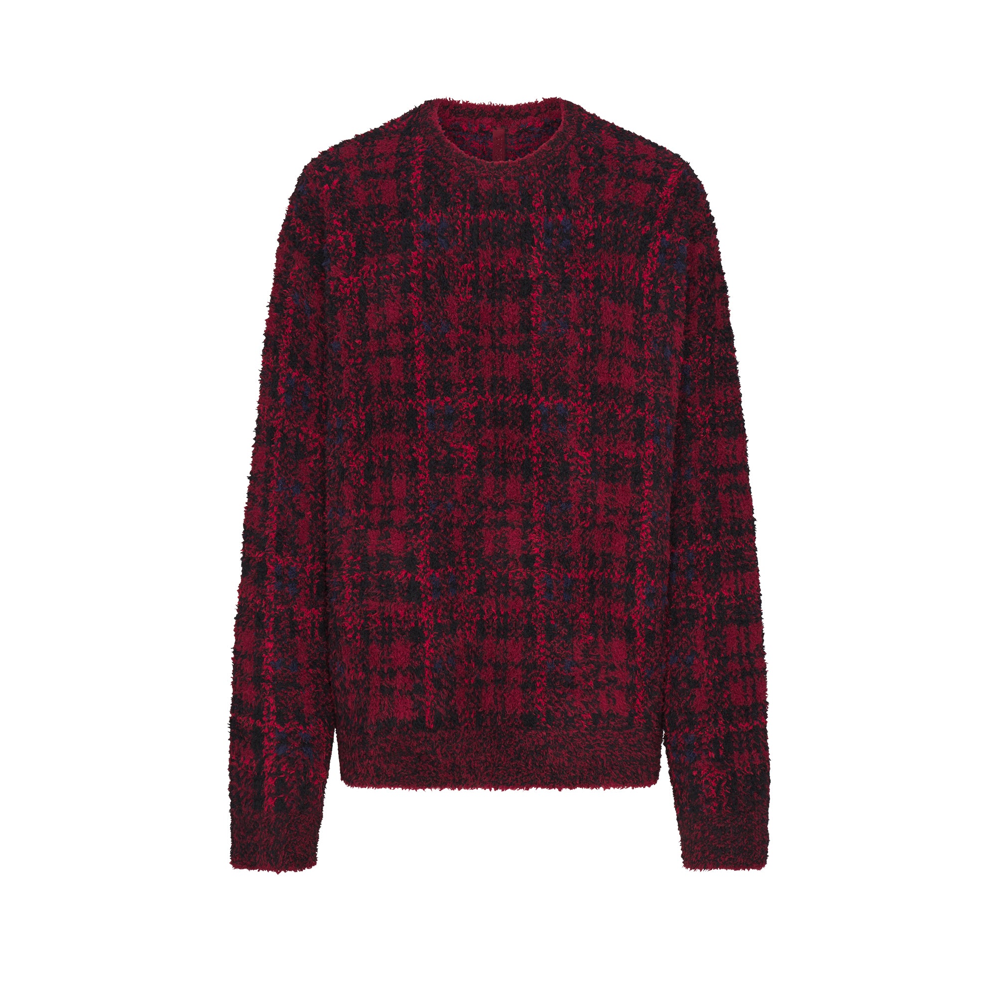 COZY OVERSIZED CREWNECK PULLOVER | MERLOT NAVY PLAID FLAT ON A WHITE BACKGROUND | FLT