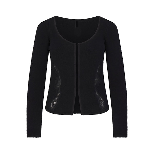 LACE KNIT LONG SLEEVE CARDIGAN | OBSIDIAN FLAT ON A WHITE BACKGROUND | FLT