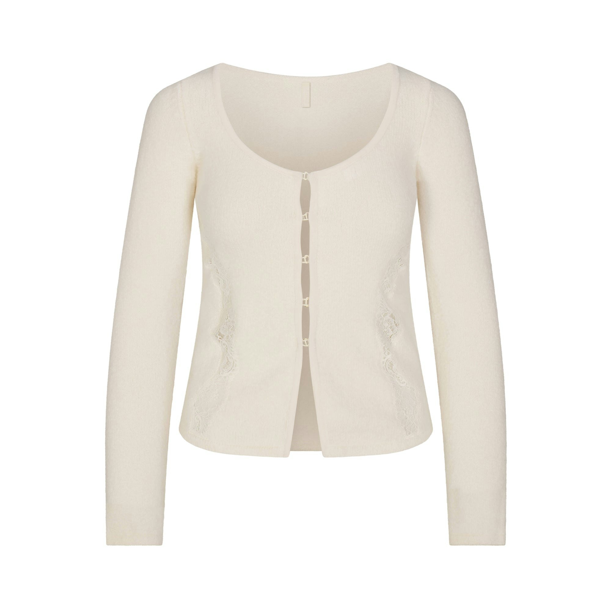 LACE KNIT LONG SLEEVE CARDIGAN | SUGAR FLAT ON A WHITE BACKGROUND | FLT