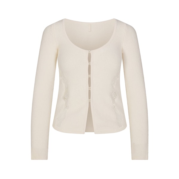 LACE KNIT LONG SLEEVE CARDIGAN | SUGAR FLAT ON A WHITE BACKGROUND | FLT