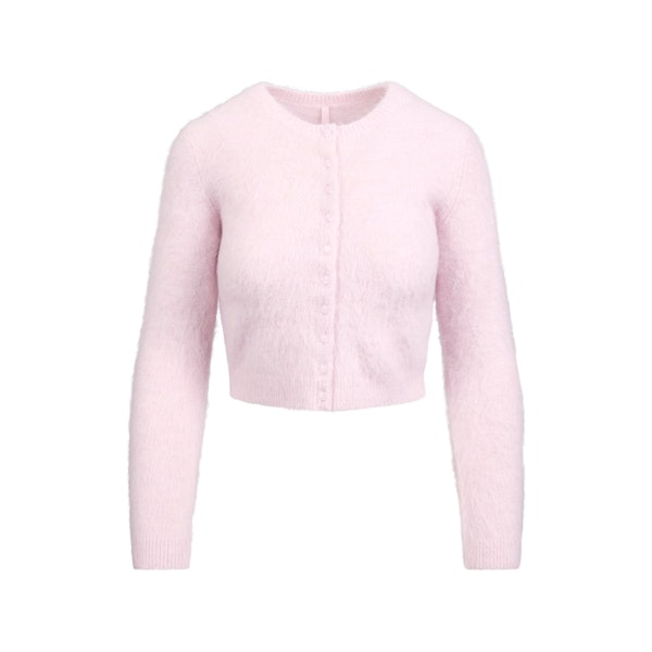 BRUSHED ALPACA LONG SLEEVE CARDIGAN | CHERRY BLOSSOM FLAT ON A WHITE BACKGROUND | FLT