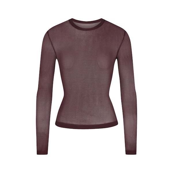 SLINKY KNIT CREW NECK LONG SLEEVE TOP | CURRANT FLAT ON A WHITE BACKGROUND | FLT