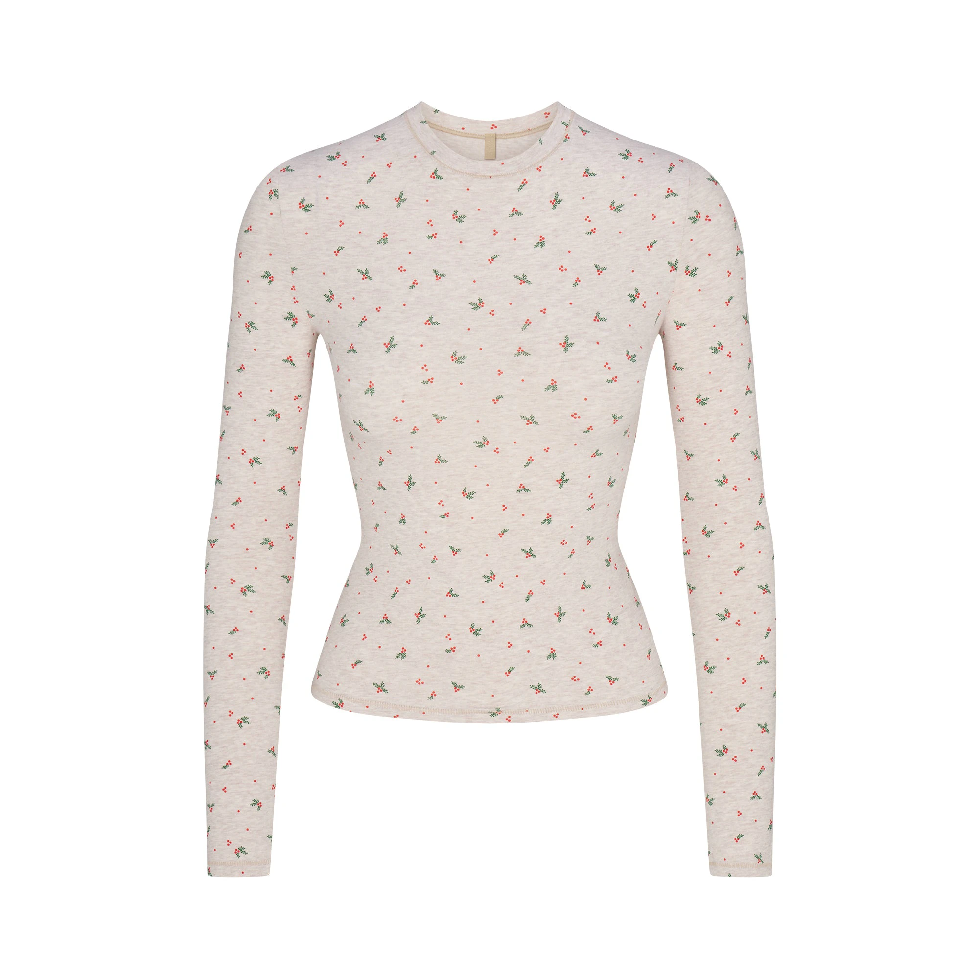 COTTON JERSEY LONG SLEEVE T-SHIRT | OATMEAL HEATHER HOLLY PRINT FLAT ON A WHITE BACKGROUND | FLT