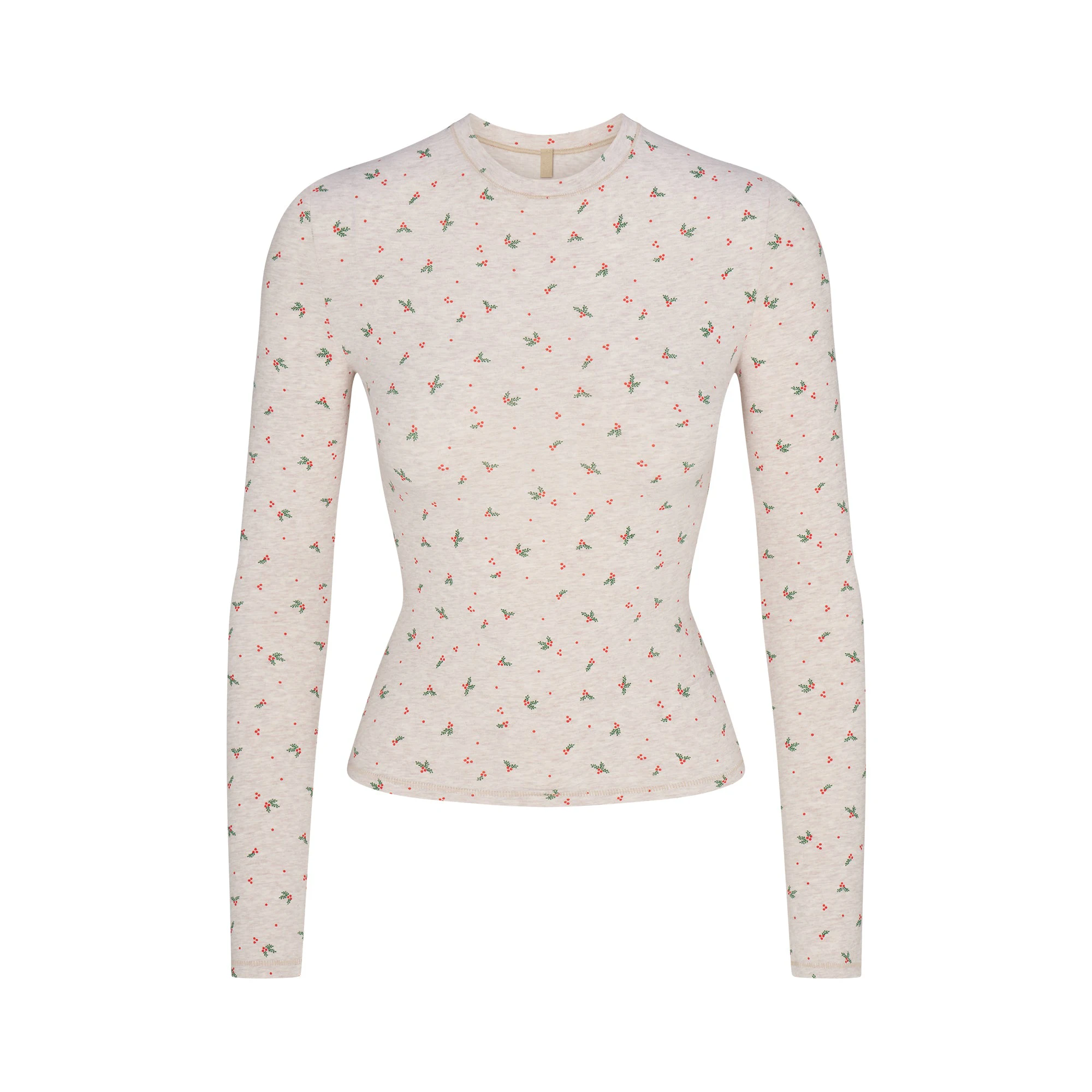COTTON JERSEY LONG SLEEVE T-SHIRT | OATMEAL HEATHER HOLLY PRINT FLAT ON A WHITE BACKGROUND | FLT
