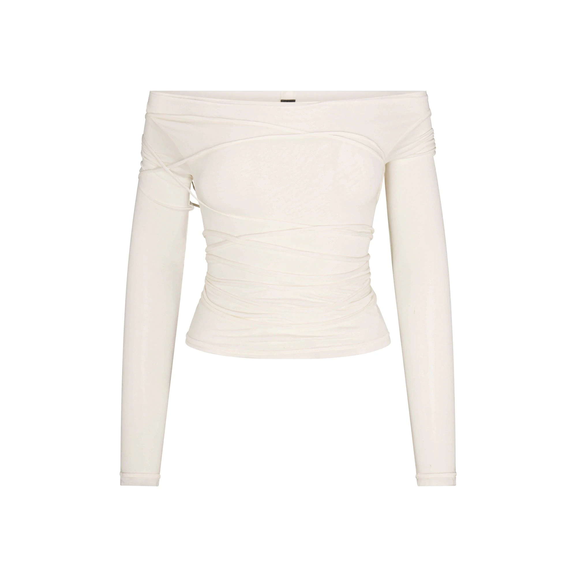 SHEER MODAL OFF THE SHOULDER LONG SLEEVE TOP | ECRU FLAT ON A WHITE BACKGROUND | FLT