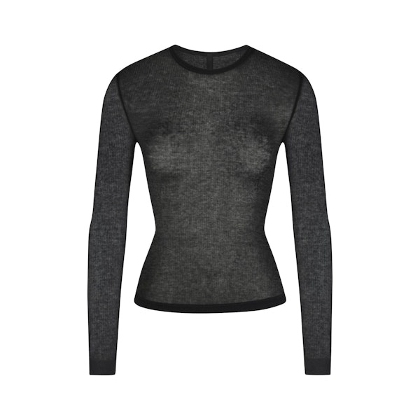 SHEER RIB LONG SLEEVE TOP | SOOT FLAT ON A WHITE BACKGROUND | FLT