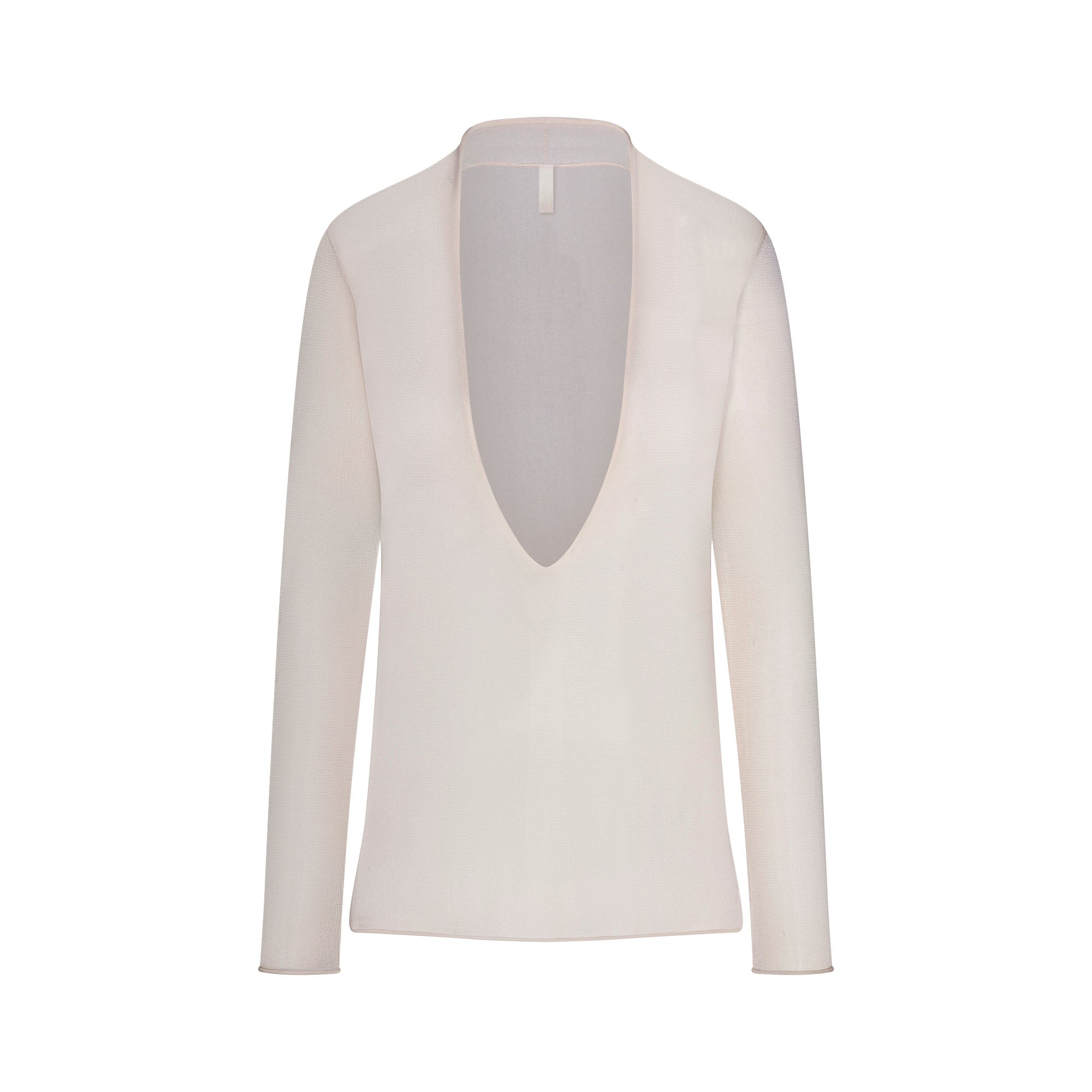 SLINKY KNIT DEEP PLUNGE TOP | BUFF FLAT ON A WHITE BACKGROUND | FLT