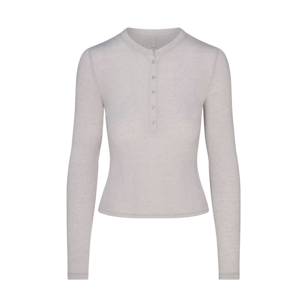 SHEER MODAL CREW NECK HENLEY | HEATHER GREY FLAT ON A WHITE BACKGROUND | FLT