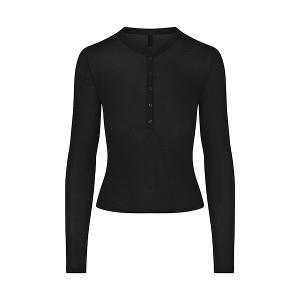 SHEER MODAL CREW NECK HENLEY | ONYX FLAT ON A WHITE BACKGROUND | FLT