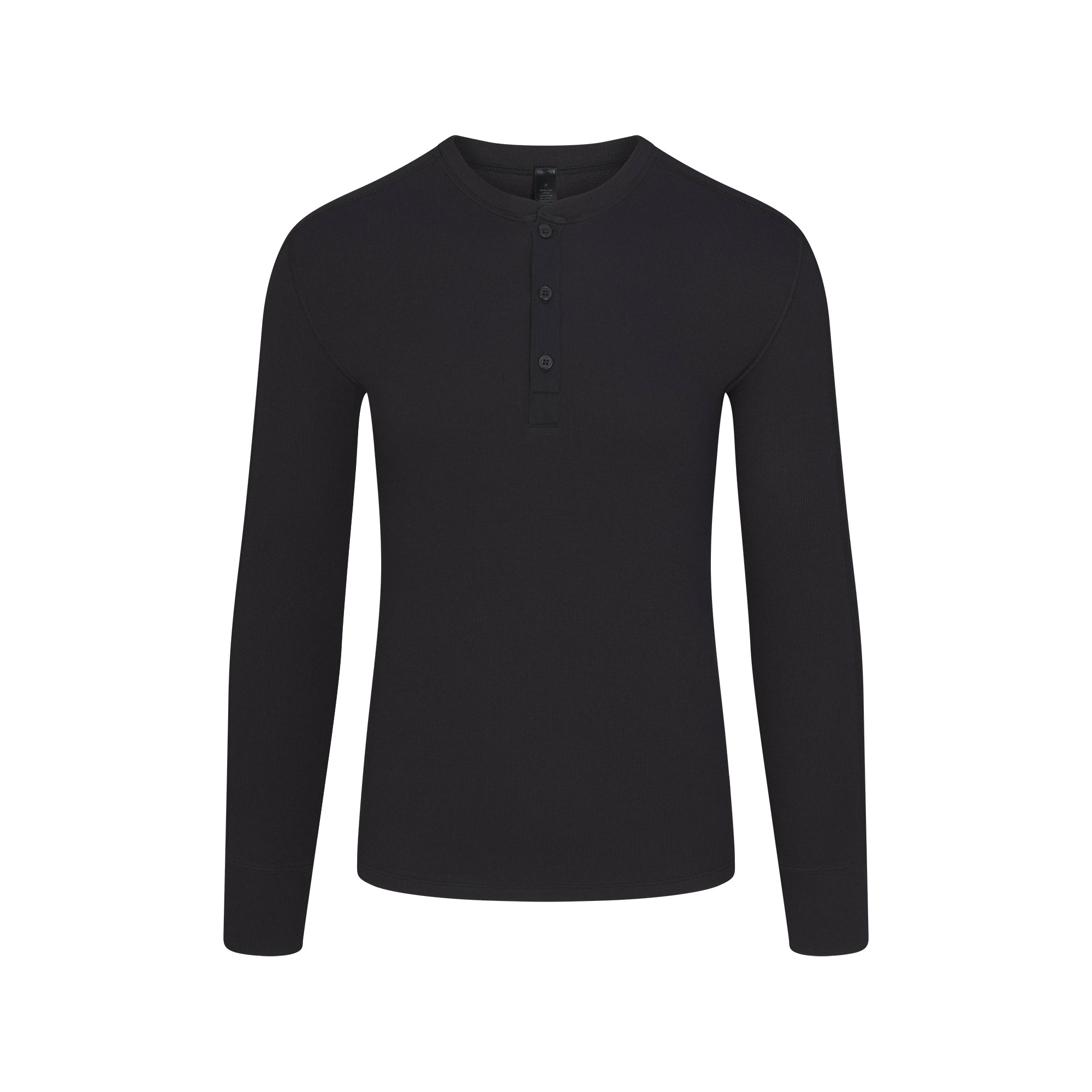 SKIMS COTTON RIB MENS HENLEY | ONYX FLAT ON A WHITE BACKGROUND | FLT @ | FOCUS: 0.0, 1.0, 0.9