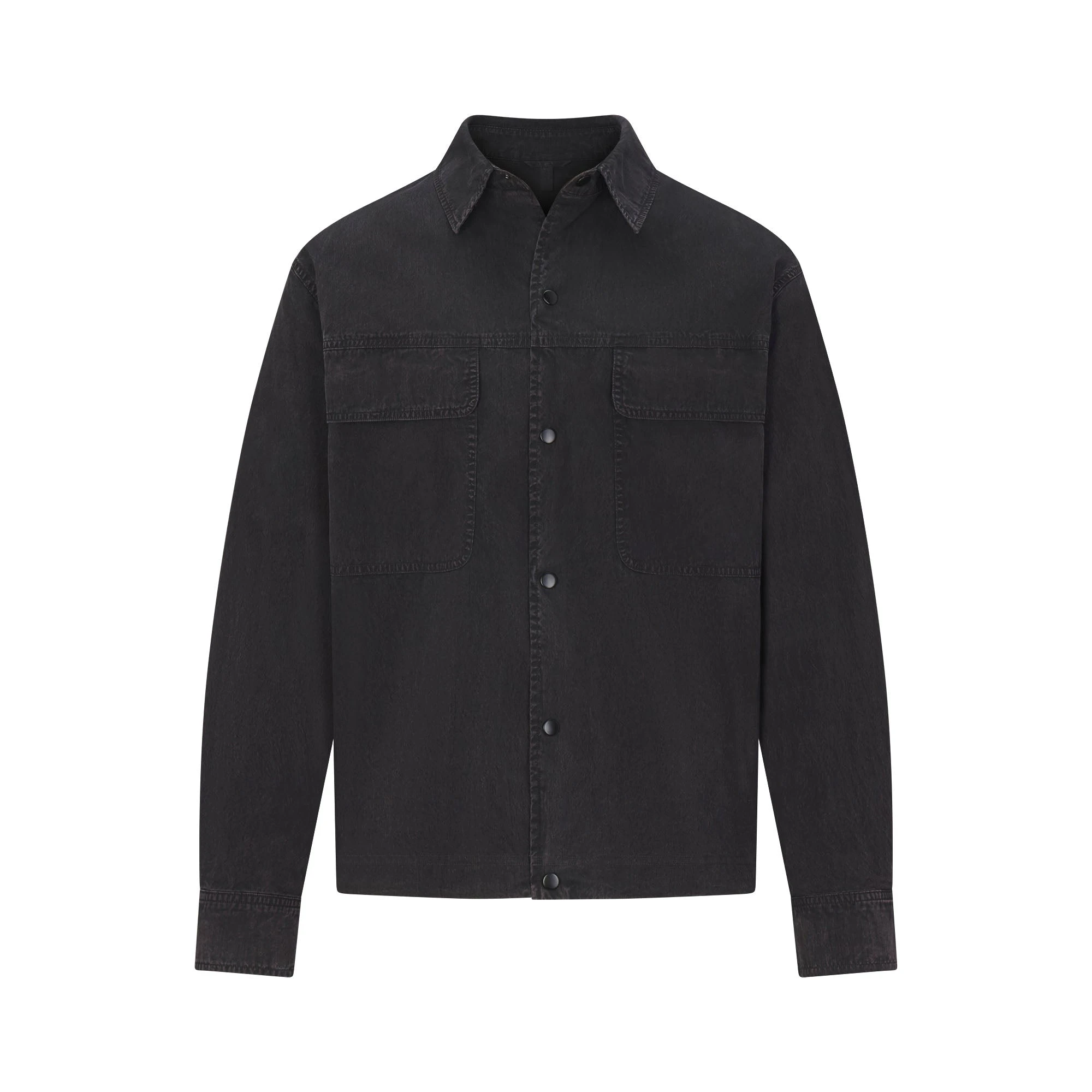 WOVEN MENS BUTTON UP TOP | ONYX FLAT ON A WHITE BACKGROUND | FLT