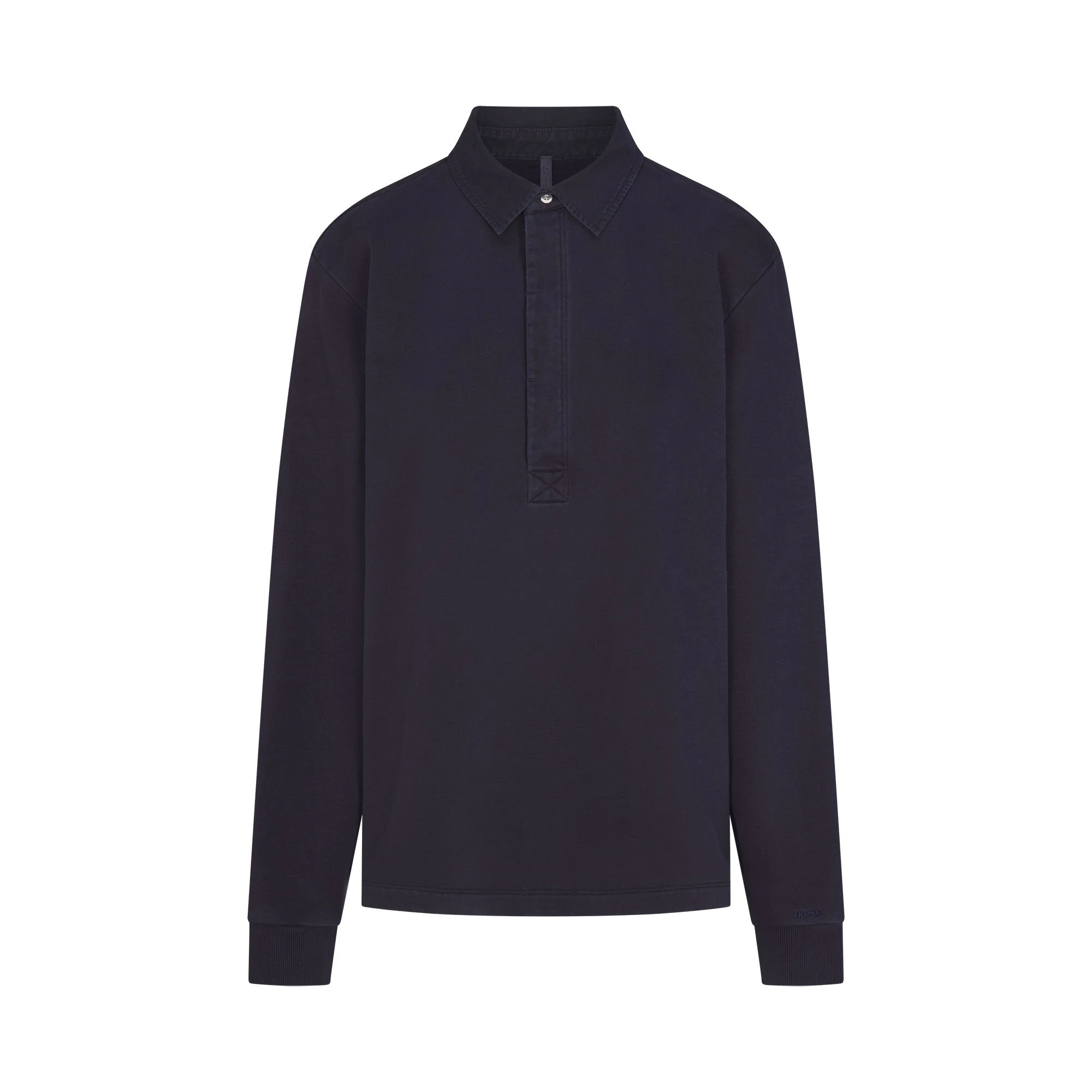 BOYFRIEND FLEECE OVERSIZED POLO  | BLUE BLACK & LAYS FLAT ON A WHITE BACKGROUND | FLT