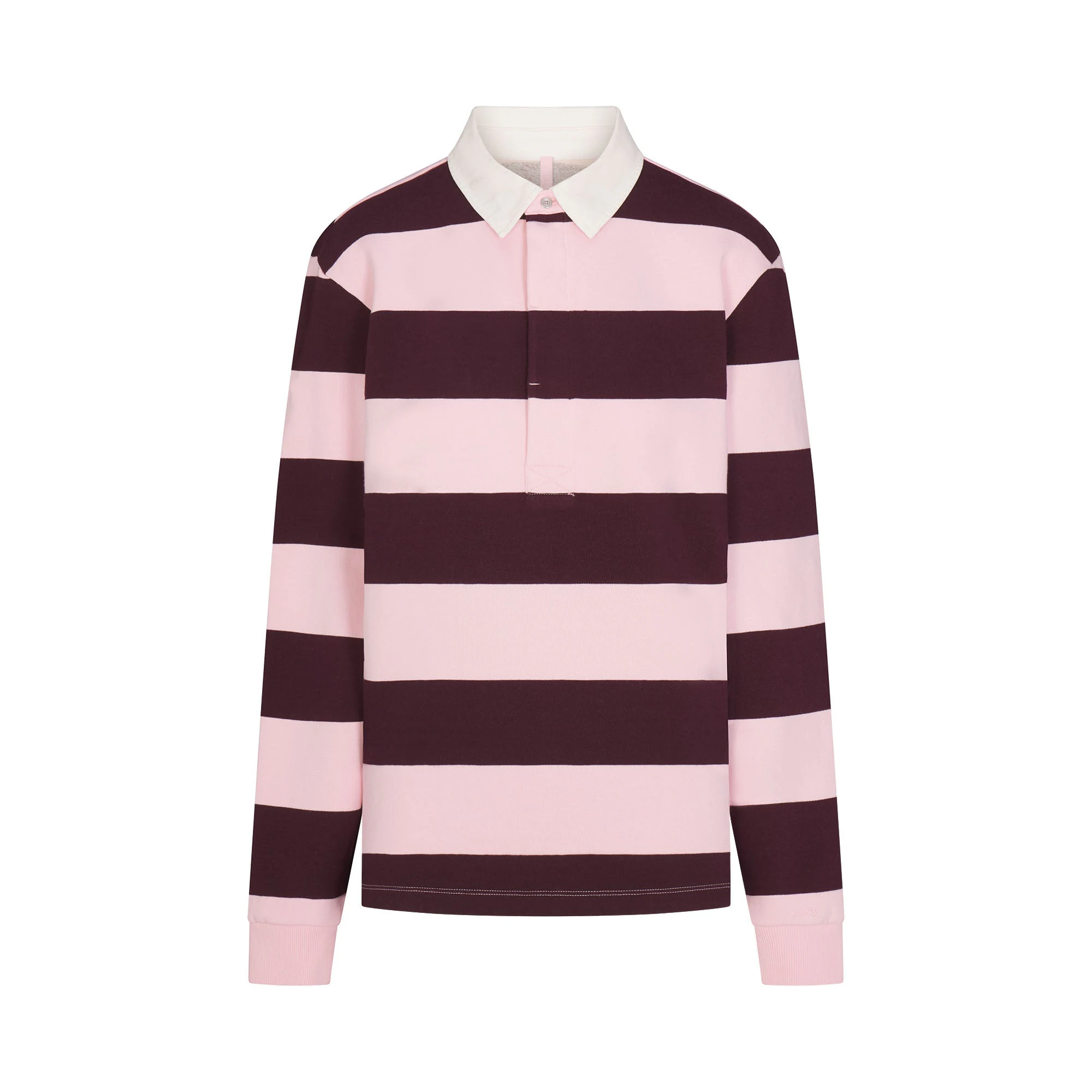 BOYFRIEND FLEECE OVERSIZED POLO | CURRANT RUGBY STRIPE & LAYS FLAT ON A WHITE BACKGROUND | FLT