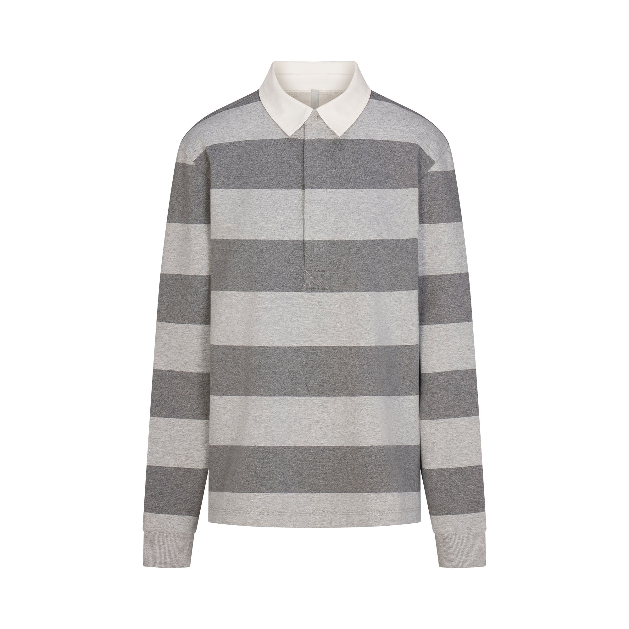 BOYFRIEND FLEECE OVERSIZED POLO | GREY HEATHER MULTI & LAYS FLAT ON A WHITE BACKGROUND | FLT