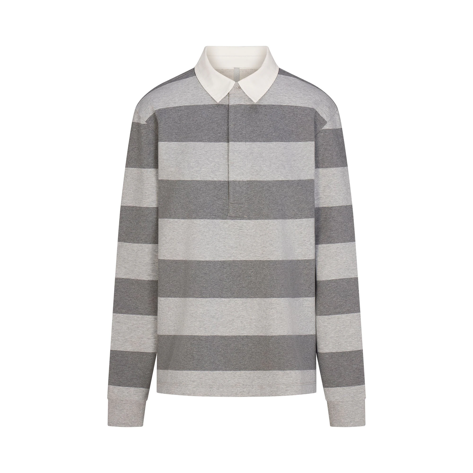 BOYFRIEND FLEECE OVERSIZED POLO | GREY HEATHER MULTI & LAYS FLAT ON A WHITE BACKGROUND | FLT