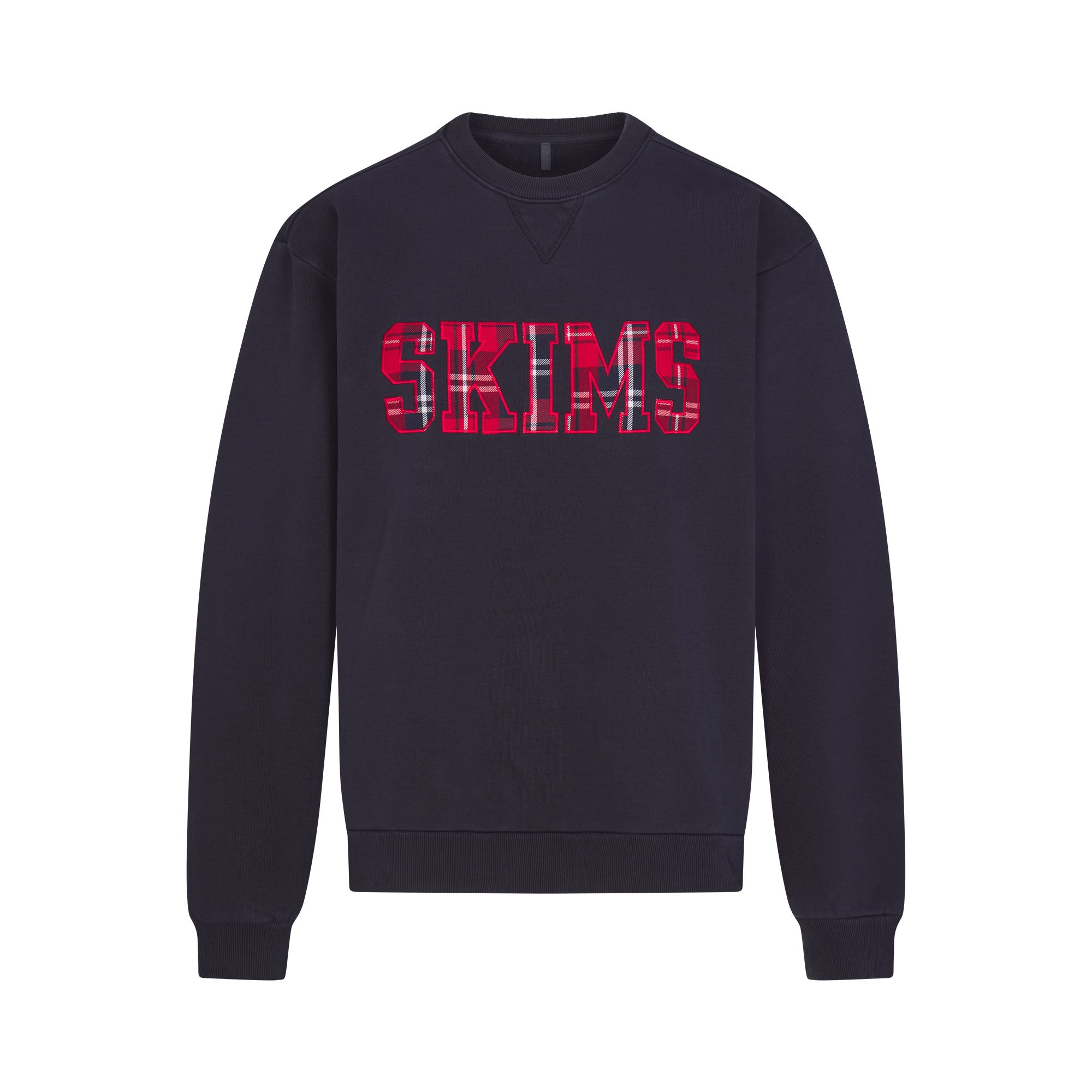 BOYFRIEND FLEECE OVERSIZED CREWNECK | BLUE BLACK SKIMS PLAID & LAYS FLAT ON A WHITE BACKGROUND | FLT